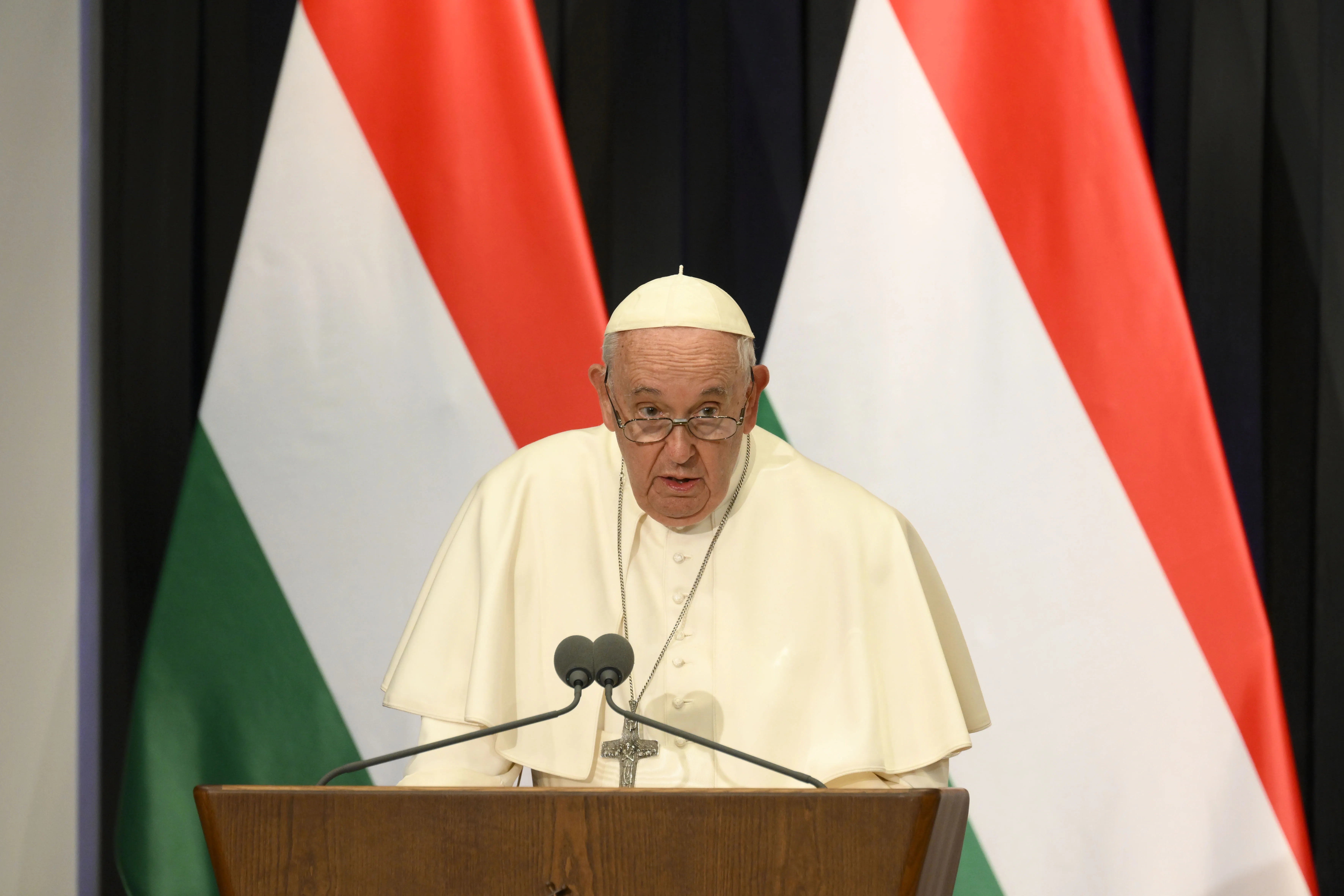 Pope Francis addresses civil authorities and other dignitaries at a former a Carmelite monastery in Budapest, Hungary, on April 28, 2023, on the first day of his three-day pilgrimage to the country.?w=200&h=150