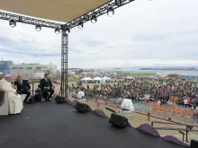 Pope Francis address indigenous young people and elders in Iqaluit, Canada, on July 29, 2022, on the final day of his weeklong trip to Canada.