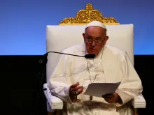 Pope Francis speaks at the closing session of the Mediterranean Encounter in Marseille, France, on Sept. 23, 2023.