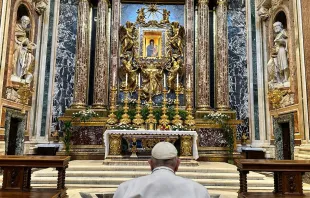 Pope Francis visits the Basilica of St. Mary Major on Monday, Jan. 30, 2023, to entrust his upcoming trip to Africa to the Blessed Virgin Mary. Vatican Media