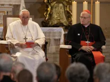 Pope Francis speaks to bishops, priests, deacons, consecrated persons, seminarians, and pastoral workers in St. Stephen's Co-Cathedral in Budapest, Hungary, April 28, 2023.