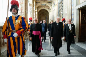 President Sergio Mattarella enters the Vatican for an audience with Pope Francis on Dec. 16, 2021.
