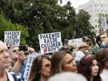 About 1,000 Californians rallied in front of the state capitol steps in Sacramento on Aug. 21, 2023, to protest a series of bills they say would take away their rights as parents.