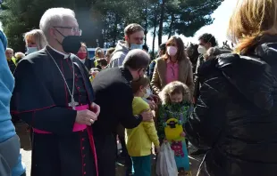 Bishop Eusebio Ignacio Hernández Sola of Tarazona welcomes a group of Ukrainian refugees to the diocesan seminary, March 13, 2022. Diocese of Tarazona