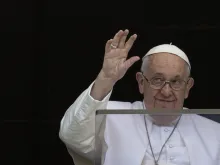 Pope Francis waves to pilgrims gathered in St. Peter's Square for the recitation of the Regina Caeli on May 7, 2023.