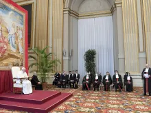 Alessandro Diddi addresses Pope Francis during the opening of the Vatican City State court's 93rd judicial year on March 12, 2022.