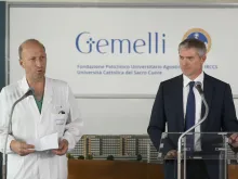 Dr. Sergio Alfieri (left), Pope Francis' surgeon, and Vatican spokesman Matteo Bruno hold a press conference Saturday, June 10, 2023, at Gemelli Hospital in Rome.