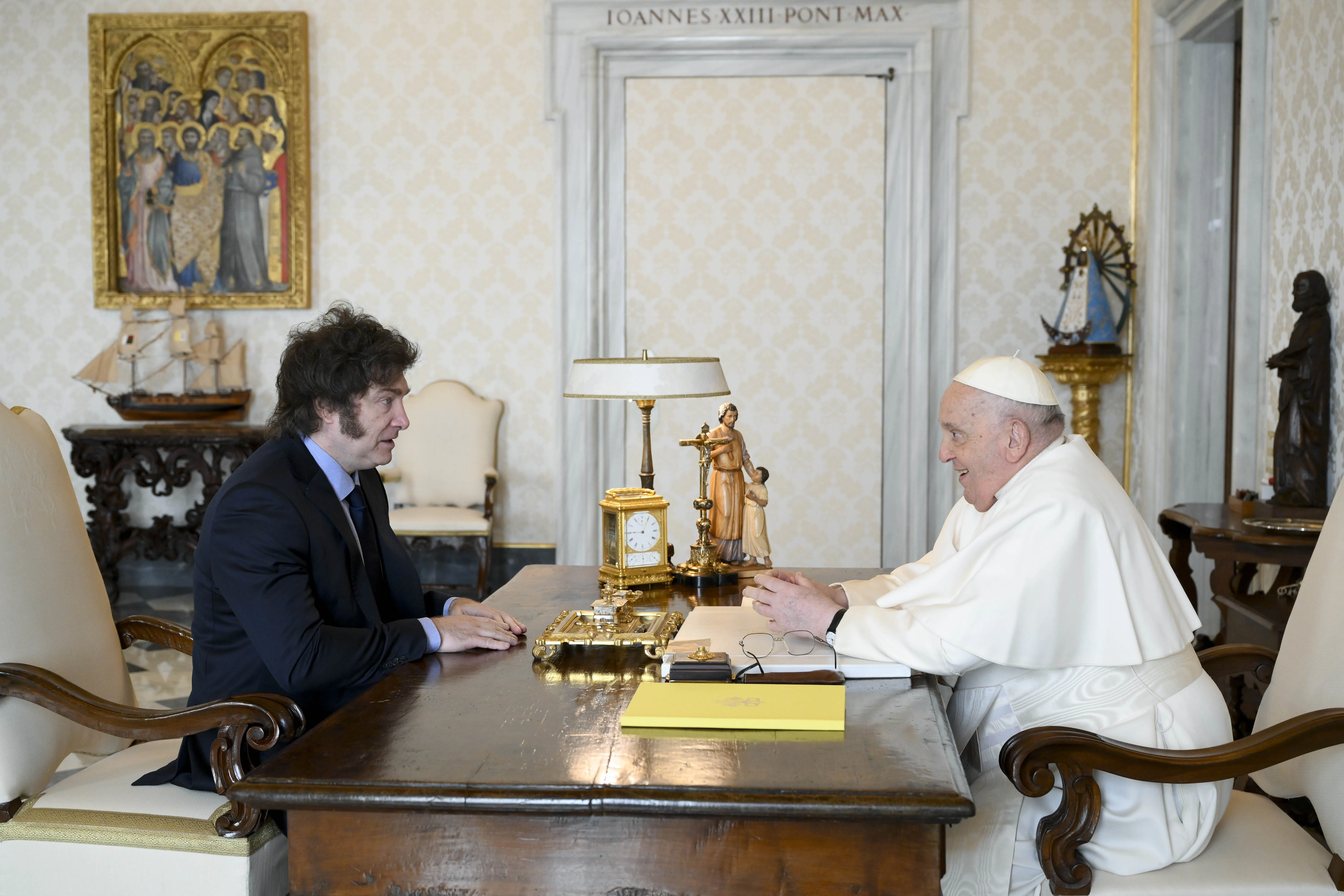 Pope Francis meets with Argentina President Javier Milei in a private audience on Feb. 12, 2024, at the Vatican. Credit: Vatican Media
