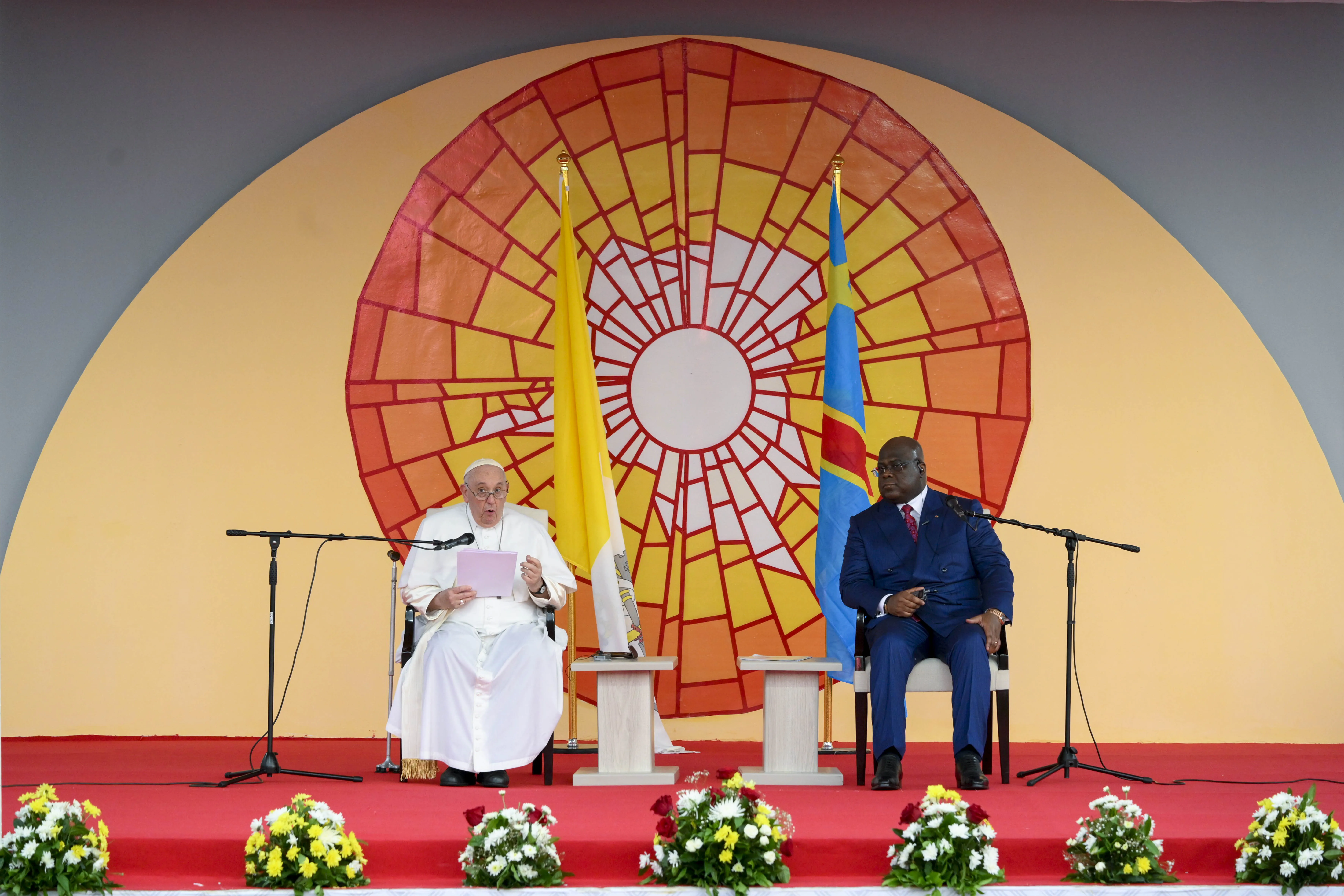Pope Francis speaks at an audience with the Democratic Republic of Congo's authorities, diplomats, and representatives of civil society in the  on Jan. 31, 2023, on the first leg of a six-day trip that will also include South Sudan. At right is President Felix Tshisekedi of the Democratic Republic of Congo. Credit: Vatican Media