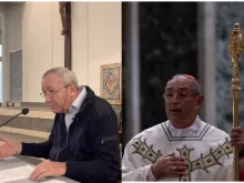 [L] A screenshot of Father Marko Rupnik giving a talk in February 2022 and [R] Cardinal Angelo De Donatis in 2021.