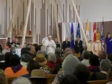 Pope Francis speaks at a meeting with indigenous peoples and members of Sacred Heart parish in Edmonton, Canada, July 25, 2022.