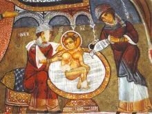 Salome (right) and the midwife "Emea" (left), bathing the infant Jesus, are common figures in Orthodox icons of the Nativity of Jesus; here in a 12th-century fresco from Cappadocia.