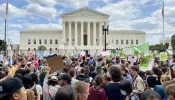 The scene outside the U.S. Supreme Court in Washington, D.C., after the court released its decision in the Dobbs abortion case on June 24, 2022.