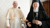 Pope Francis meets with Ecumenical Patriarch Bartholomew I at the Vatican, Oct. 4, 2021.