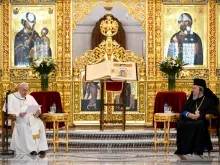 Pope Francis addresses Orthodox bishops in the Orthodox Cathedral in Nicosia, Cyprus, Dec. 3, 2021.