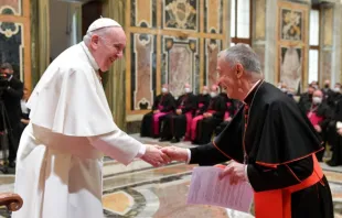 Pope Francis greets Cardinal Luis Ladaria. Vatican Media.