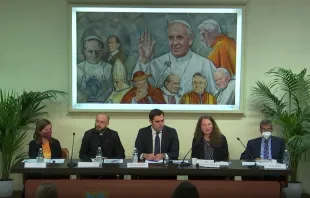 Tetiana Stawnychy, president of Caritas Ukraine, speaks at a press conference in Rome, May 16, 2022. Screenshot from Vatican News YouTube channel.