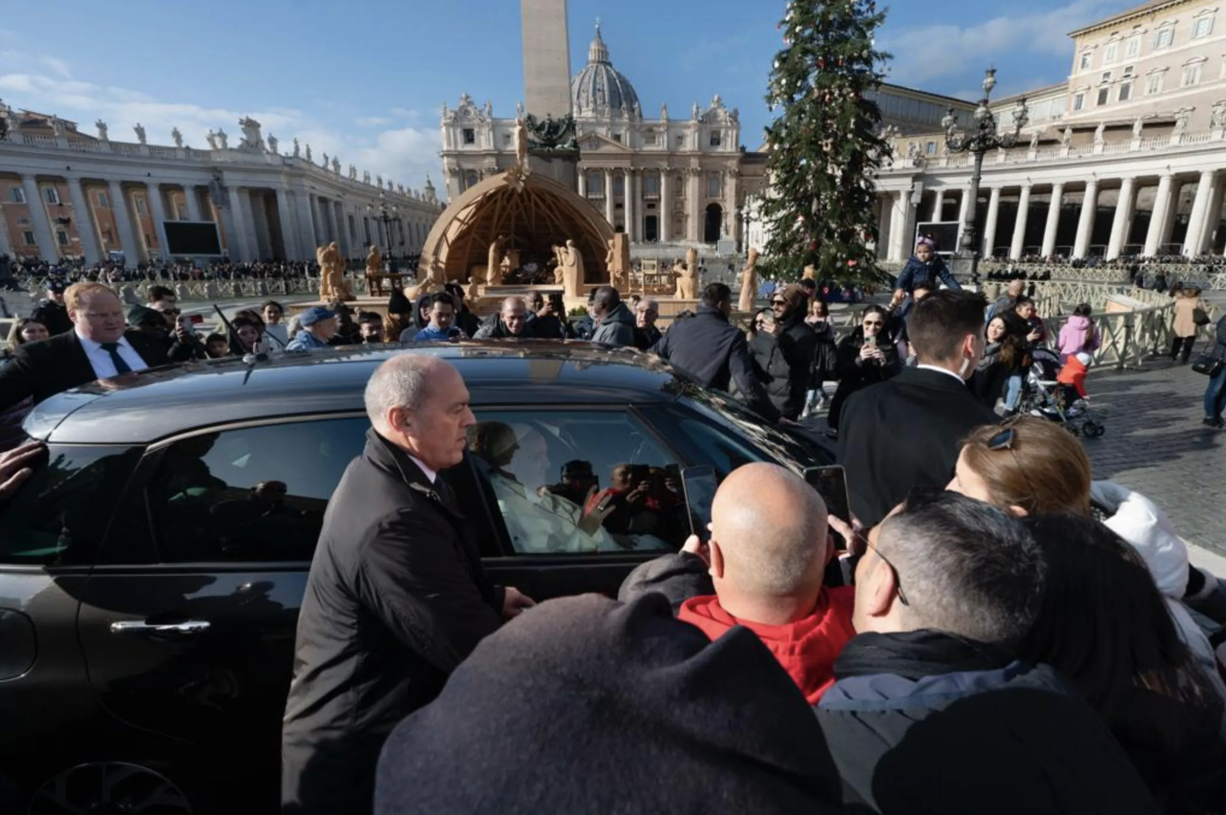 Pope Francis visiting this year's nativity scene on St. Peter's Square, Dec. 7, 2022. Vatican Media