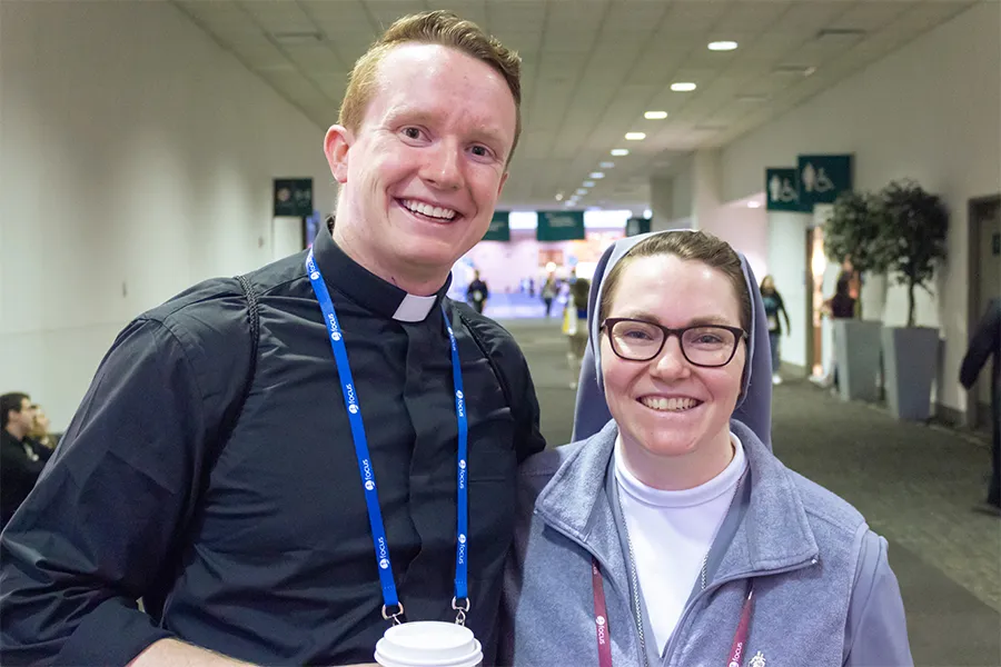 Archdiocese of St. Louis seminarian Ben Wolf, left, and Sister Anne Weis, FMA, at the SEEK23 conference in St. Louis, Jan. 5, 2023. Jonah McKeown/CNA