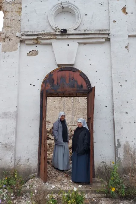 The nuns visiting the church ruins in Kyselivka, Ukraine. Benedictine Missionary Sisters