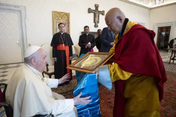 Pope Francis with a delegation including leaders of Buddhism in Mongolia on May 28, 2022