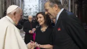 Pope Francis speaks to House Speaker Nancy Pelosi and Paul Pelosi after Mass in St. Peter's Basilica on June 29, 2022.