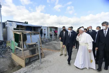 Pope Francis visits the Mavrovouni refugee camp on the Greek island of Lesbos on Dec. 5, 2021