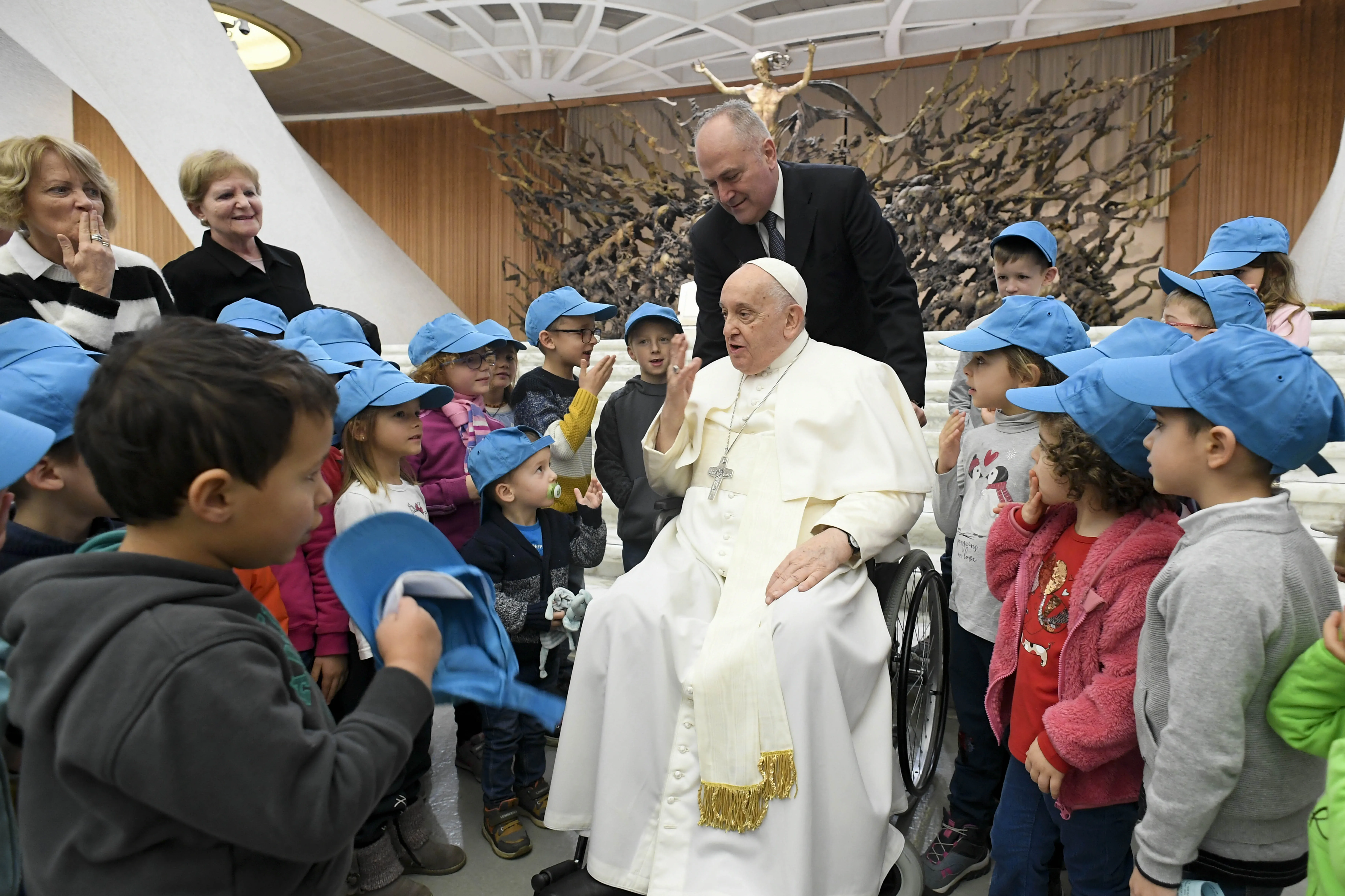 Pope Francis speaks with young people at his general audience on Dec. 6, 2023, in Paul VI Hall at the Vatican. Credit: Vatican Media