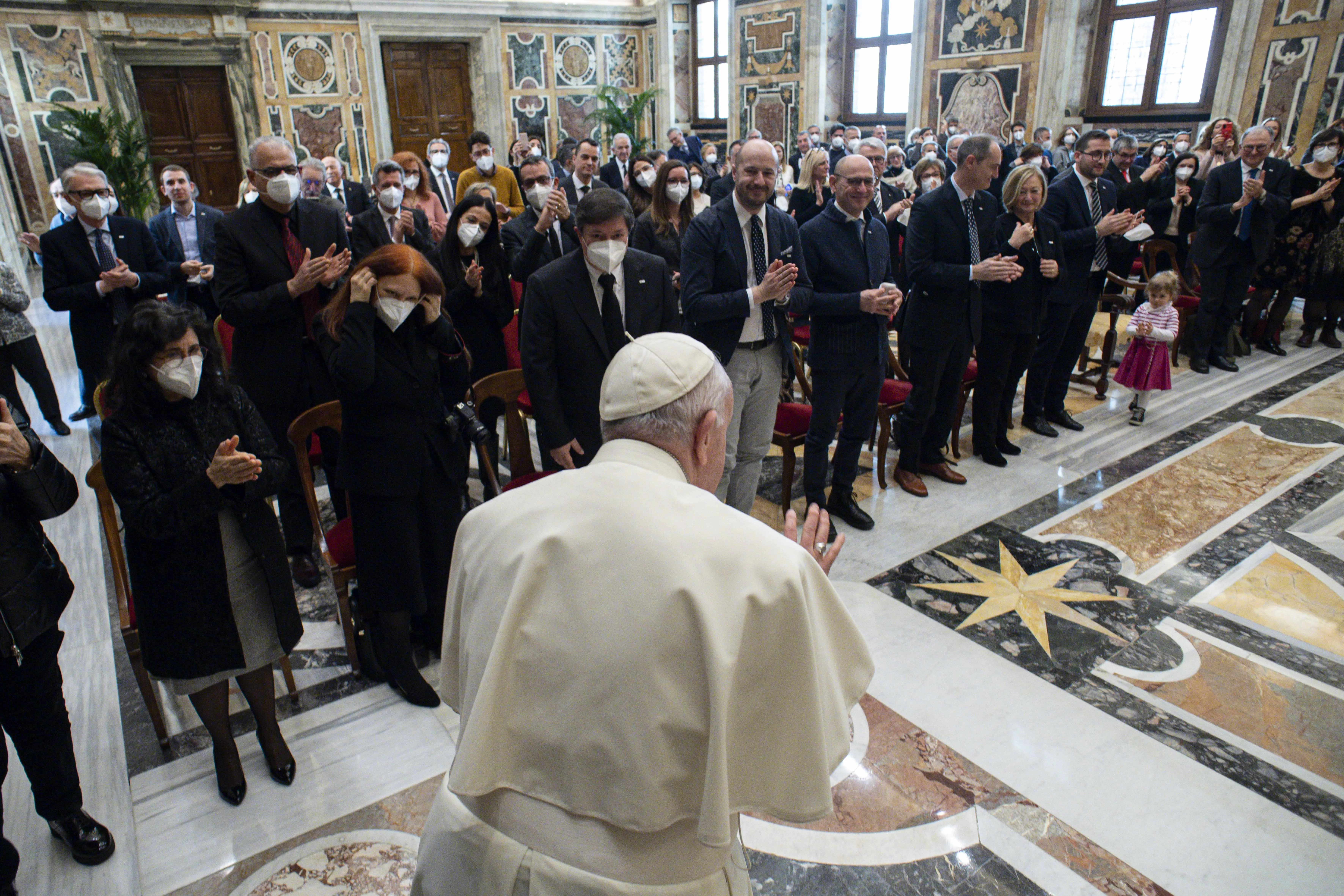 Pope Francis welcomes members of the Italian Association of Leather Chemists during an audience in the Clementine Hall of the Vatican Apostolic Palace on January 29, 2022. Vatican Media