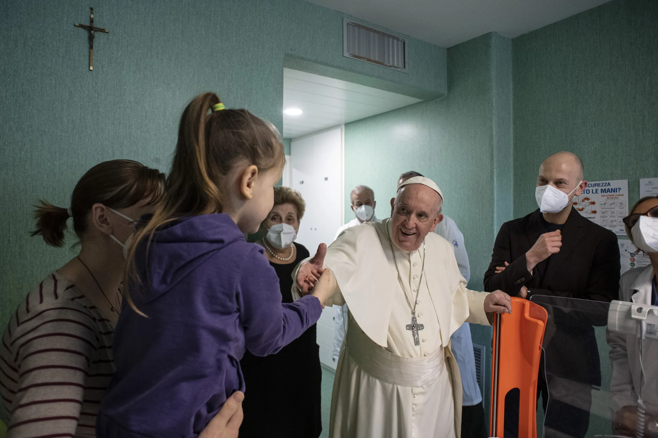 Pope Francis visited Ukrainian refugee children being treated in the Bambino Gesù Children's Hospital in Rome on March 19, 2022. Vatican Media