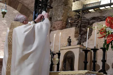 Pope Francis celebrates Mass at the tomb of St. Francis of Assisi on Oct. 3, 2020.