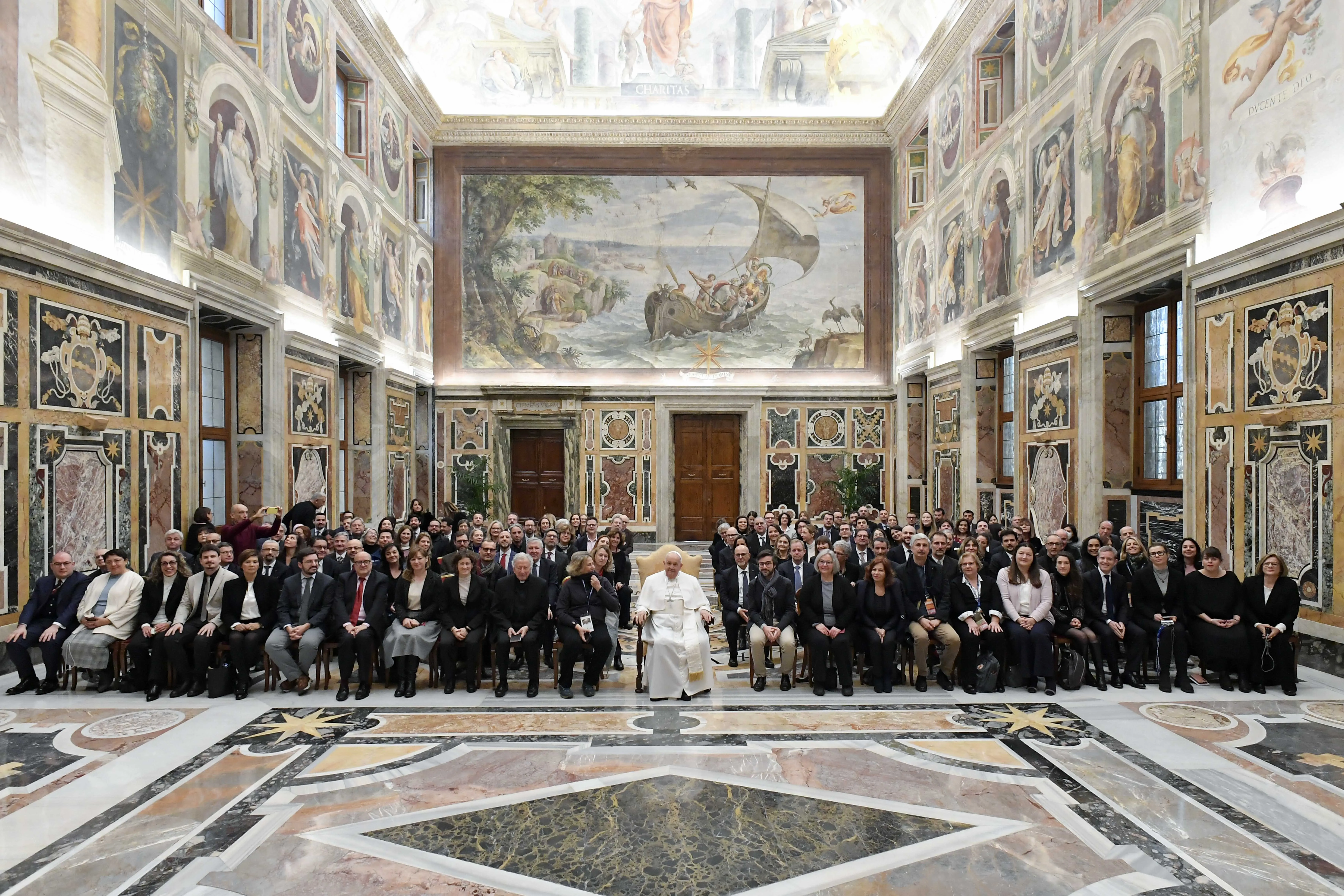 Pope Francis meets with journalists accredited to the Holy See Press Office in a private audience at the Vatican’s Apostolic Palace on Jan. 22, 2024. Credit: Vatican Media