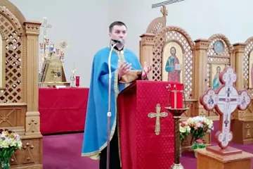 Father Andrii Chornopyskyi speaks at Ukrainian Catholic National Shrine of the Holy Family in Washington, D.C., March 25, 2022.