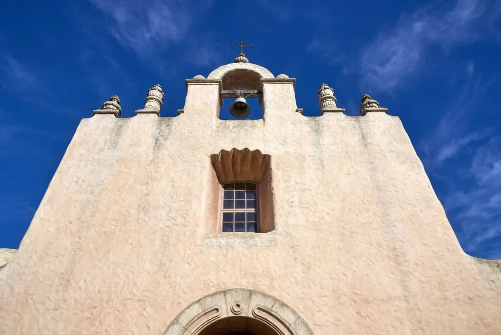 The facade of Our Lady of Mount Carmel Church (1938), inspired by early Southwestern Indian Pueblo Churches, in Montecito, California. John Penney/Shutterstock