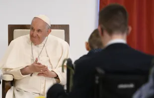 Pope Francis smiles during a meeting on April 29, 2023, with children and adults who are visually impaired and have other disabilities at a Catholic institute in Budapest, Hungary, dedicated to Blessed László Batthyány-Strattmann. Vatican Media