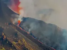 Screenshot of video footage showing the destruction of Saint Pius X Church in La Palma in the Canary Islands on Sept. 26, 2021.