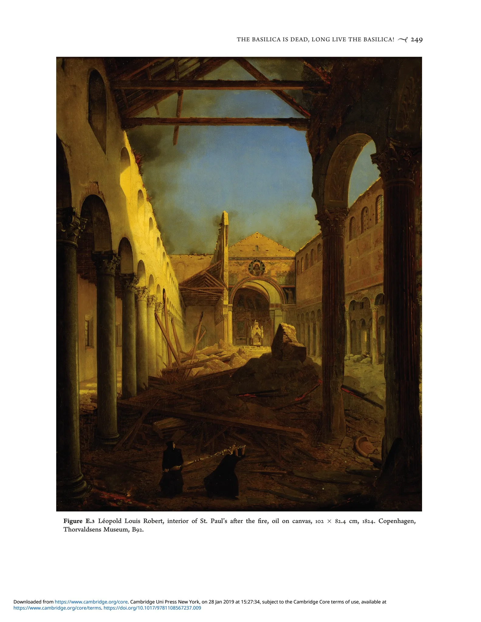 Color illustration of historic fire at St. Paul Outside the Walls in Rome, 1823, depicted in Professor Nicola Camerlenghi's book "St. Paul's Outside the Walls, A Roman Basilica, from Antiquity to the Modern Era," 2018. Photo courtesy of Professor Nicola Camerlenghi from his book "St. Paul's Outside the Walls, A Roman Basilica, from Antiquity to the Modern Era," 2018