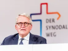 Thomas Sternberg speaking at a press conference for the German "Synodal Way" on Sept. 30, 2021, in Frankfurt.