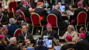 Synod on Synodality delegates in small groups listen to Pope Francis' guidance for the upcoming weeks on Oct. 4, 2023.