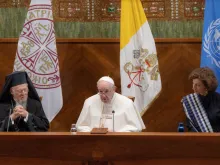 Patriarch Bartholomew I, Pope Francis, and UNESCO’s Audrey Azoulay at Rome’s Pontifical Lateran University, Oct. 7, 2021.