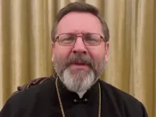 Major Archbishop Sviatoslav Shevchuk records a video message on Feb. 28, 2022.