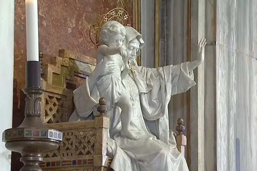 The statue of Mary Regina Pacis at Rome’s Basilica of St. Mary Major. Screenshot from Vatican News YouTube channel.