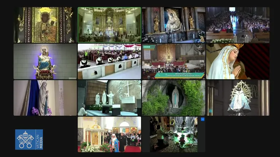 Marian shrines around the world join the rosary for peace in Rome’s Basilica of St. Mary Major, May 31, 2022. Screenshot from Vatican News YouTube channel.