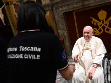 Pope Francis meets members of Italy’s Civil Protection service in the Vatican’s Clementine Hall on May 23, 2022.