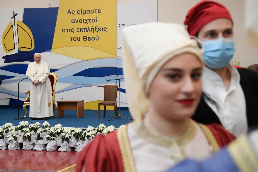 Pope Francis meets with young people at St. Dionysius School of the Ursuline Sisters in Maroussi, Athens, Dec. 6, 2021.?w=200&h=150