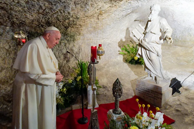 Pope Francis prays at St. Paul’s Grotto in Malta