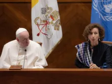 Pope Francis and UNESCO’s Audrey Azoulay at Rome’s Pontifical Lateran University, Oct. 7, 2021.