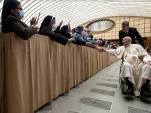 Pope Francis meets participants in the plenary assembly of the International Union of Superiors General on May 5, 2022.