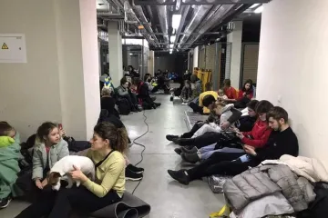 Ukrainian Catholic University students take shelter as air raid alarm sounds in Lviv, Ukraine