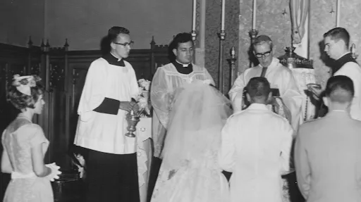 Monsignor Hilary Franco (third from left) assists Bishop Sheen (second from right) at the wedding of a secretary of the national office of the Society for the Propagation of the Faith, circa 1962-1966. Photo credit: Monsignor Hilary Franco